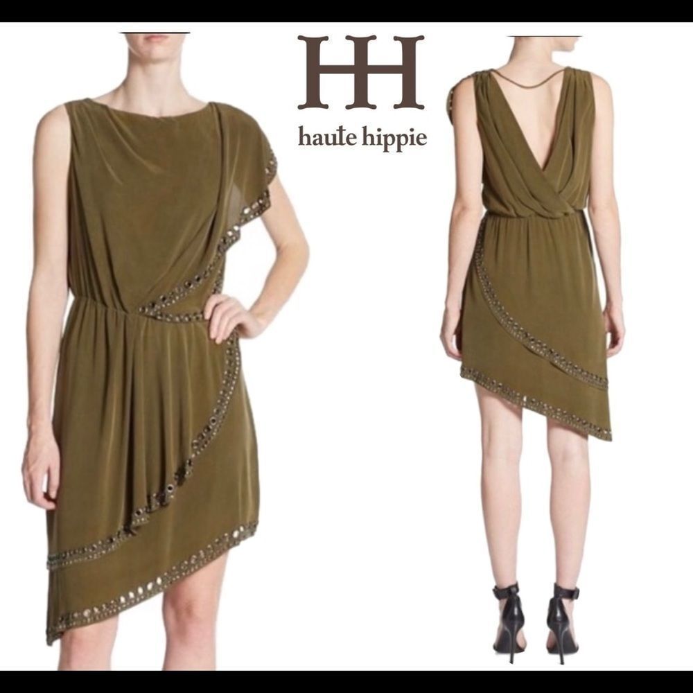 HAUTE Hippie army olive green grommet silk asymmetrical sleeveless mini dress XS